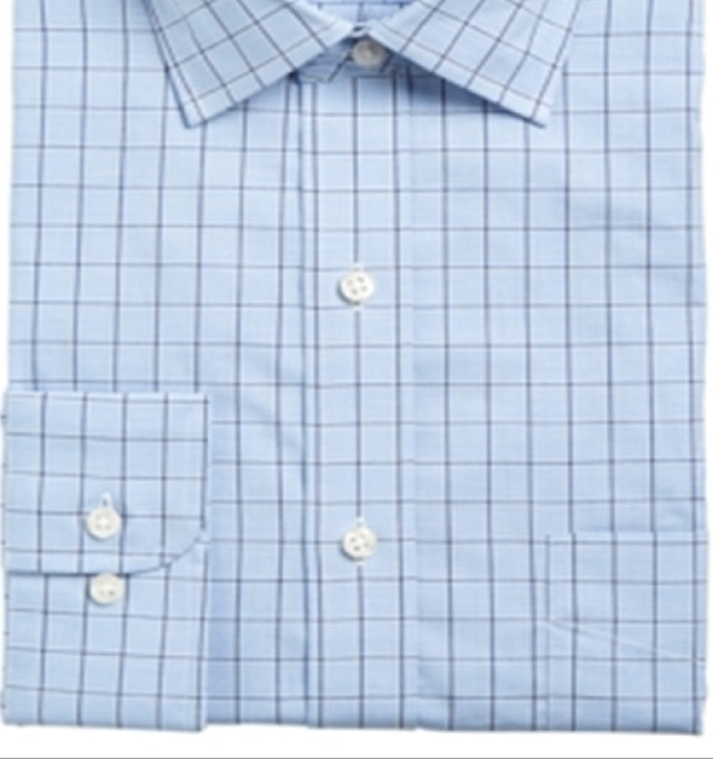 Camisa social masculina Club Room com estampa de janela xadrez e gola pontiaguda, ajuste clássico, elástica, azul, 34x35