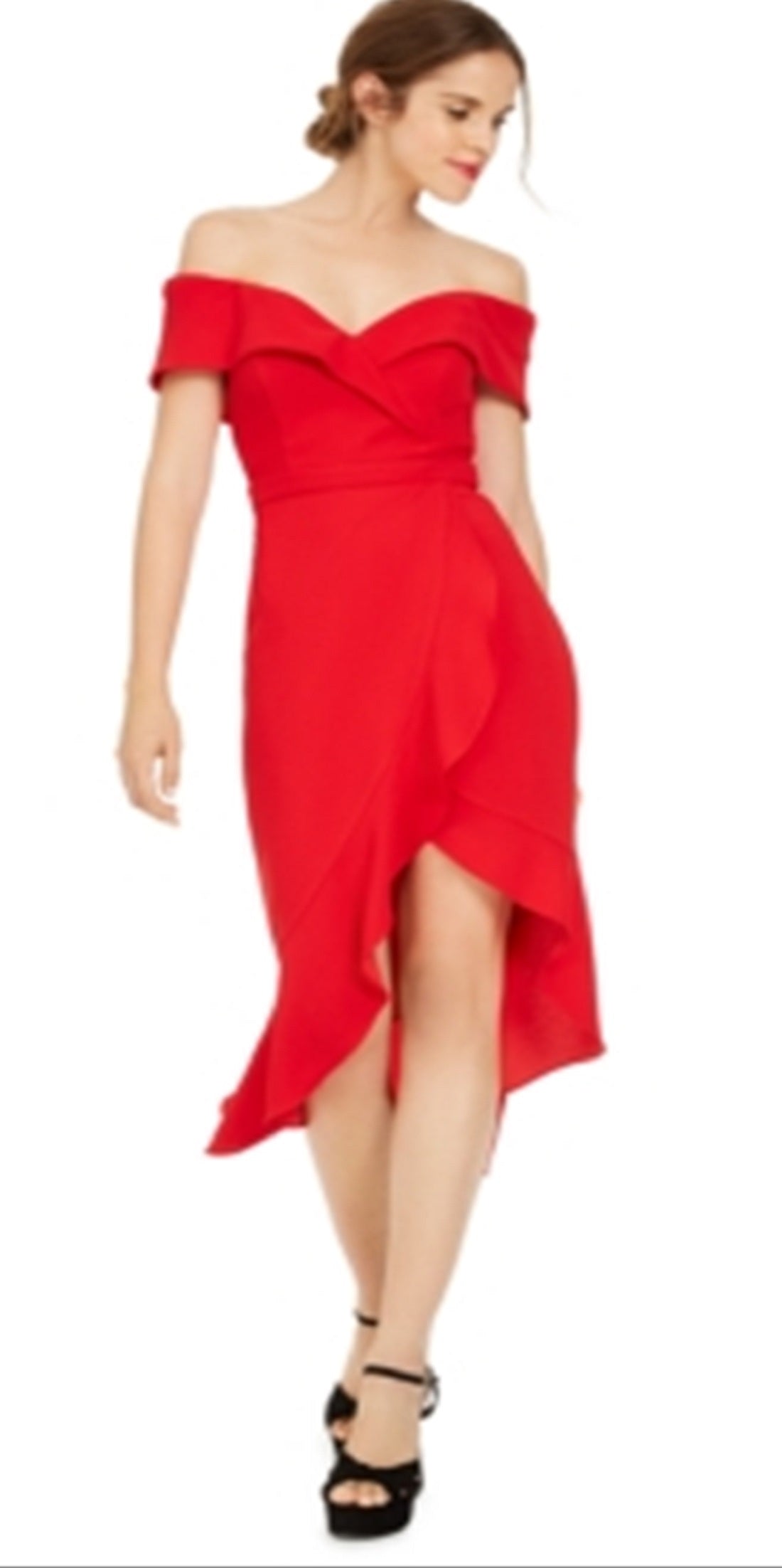 Vestido de noite feminino Xscape, manga curta, ombro de fora, comprimento até o joelho, hi-lo, vermelho, tamanho 6