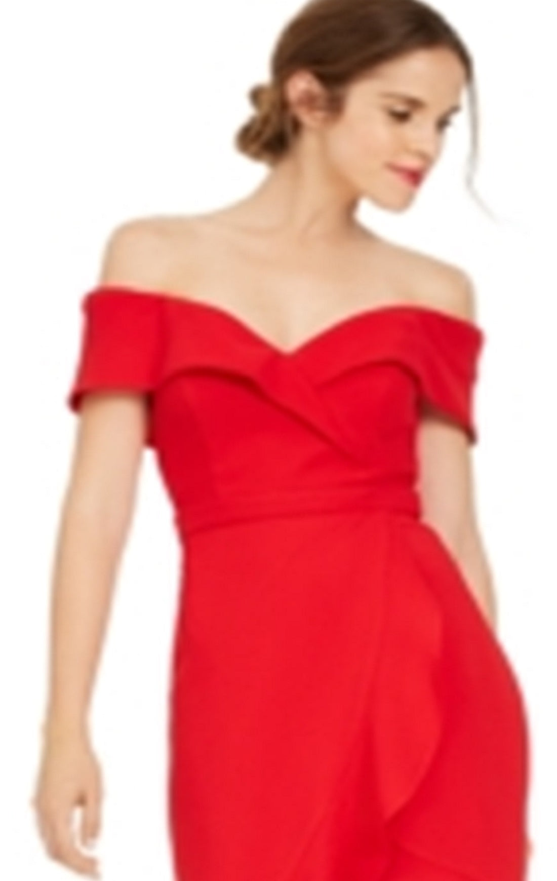 Vestido de noite feminino Xscape, manga curta, ombro de fora, comprimento até o joelho, hi-lo, vermelho, tamanho 6