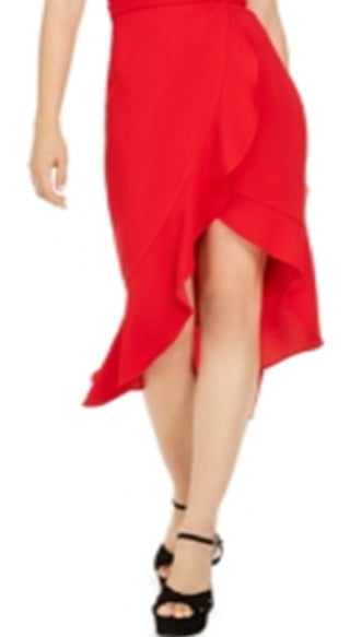 Vestido de noite feminino Xscape, manga curta, ombro de fora, comprimento até o joelho, hi-lo, vermelho, tamanho 6
