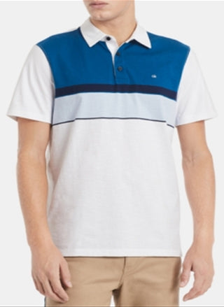 Camisa polo Calvin Klein masculina com listras coloridas e estampadas, branca, tamanho extragrande