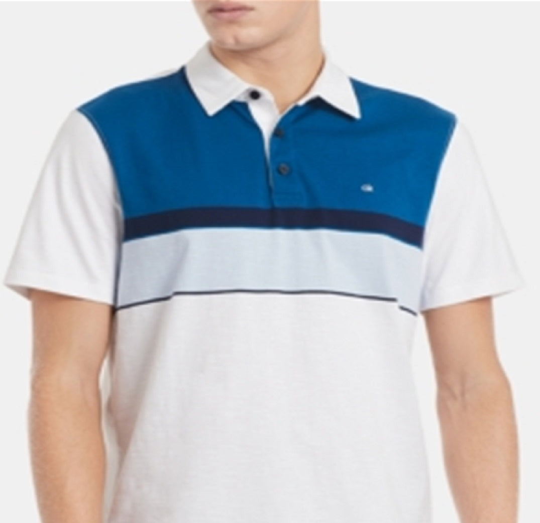 Camisa polo Calvin Klein masculina com listras coloridas e estampadas, branca, tamanho extragrande