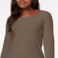Blusa feminina Karen Scott de algodão com decote redondo, marrom, tamanho pequeno e pequeno