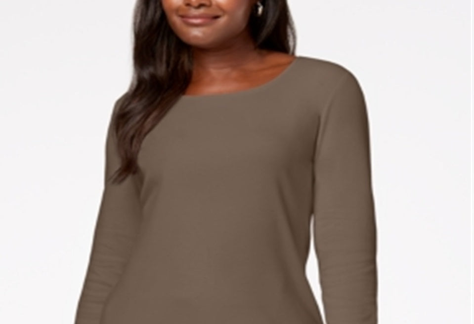 Blusa feminina Karen Scott de algodão com decote redondo, marrom, tamanho pequeno e pequeno