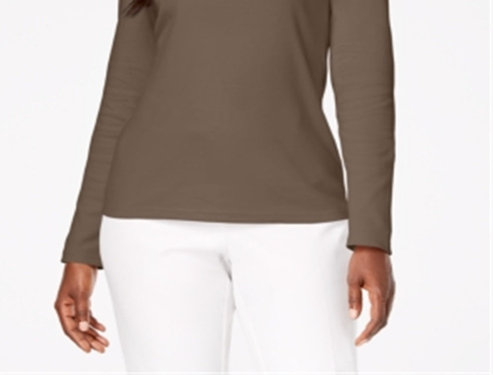 Blusa feminina Karen Scott de algodão com decote redondo, marrom, tamanho pequeno e pequeno