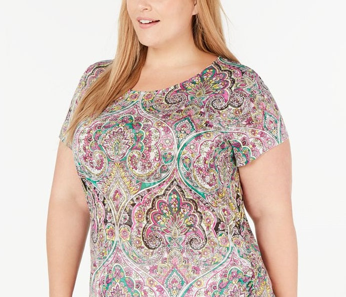 INC International Concepts Feminino Estampado Franzido Lateral Opulento Paisley Rosa Tamanho 1X