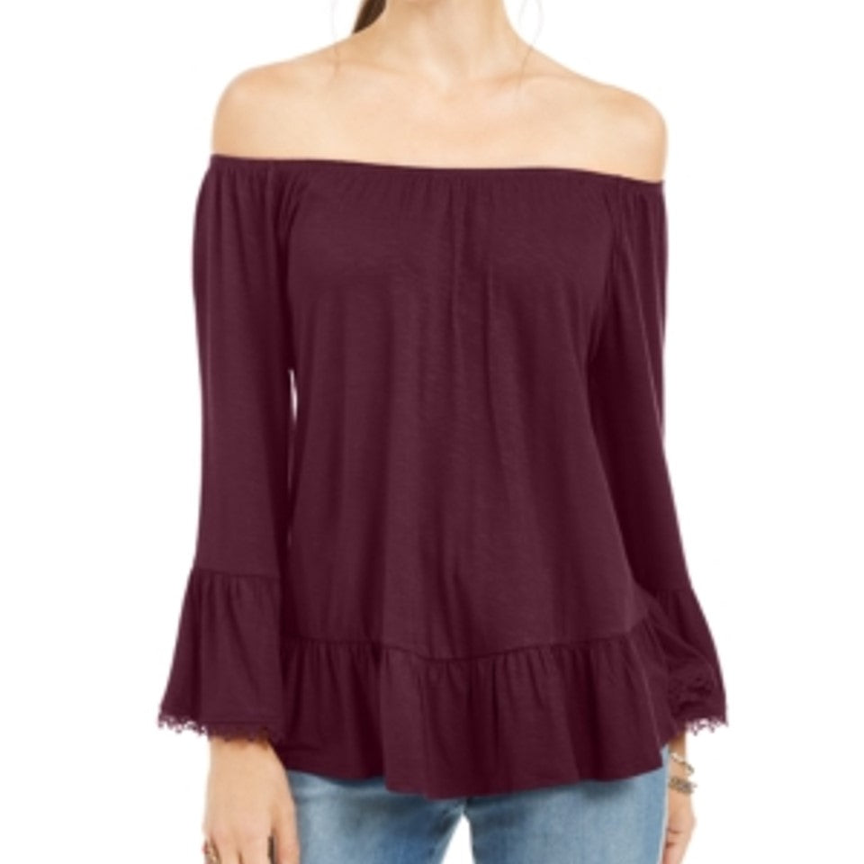Camiseta feminina estilo &amp; co, ombro de fora, manga sino, marrom, tamanho médio