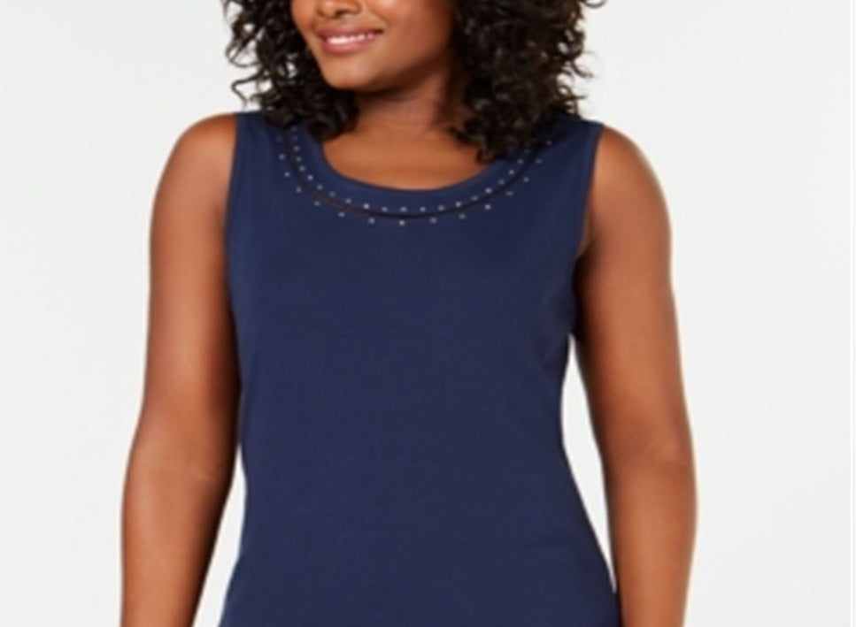 Karen Scott Blusa feminina sem mangas com decote cravejado, azul, tamanho extragrande