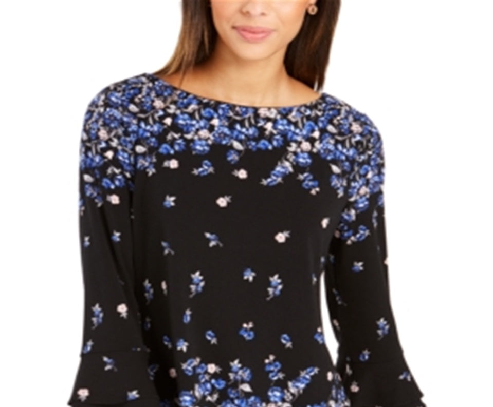 Blusa feminina com estampa floral e manga sino Charter Club, azul, tamanho médio