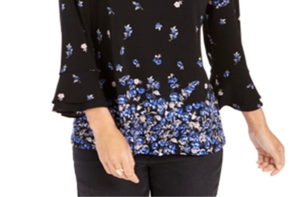 Blusa feminina com estampa floral e manga sino Charter Club, azul, tamanho médio