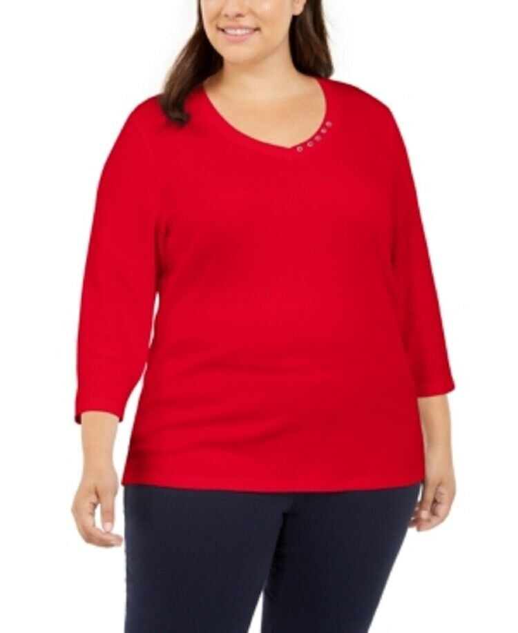 Blusa feminina Karen Scott de algodão com acabamento em botões, vermelha, tamanho X-G