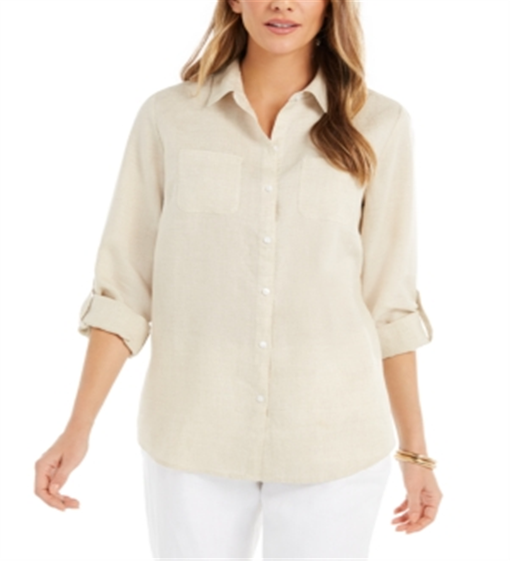 Camisa de linho feminina Charter Club bege tamanho P