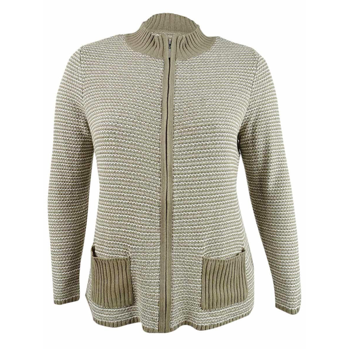 Karen Scott Cardigan Feminino Petite Texturizado com Zíper Frontal Pl Castanho Combinado Tamanho Petite Grande