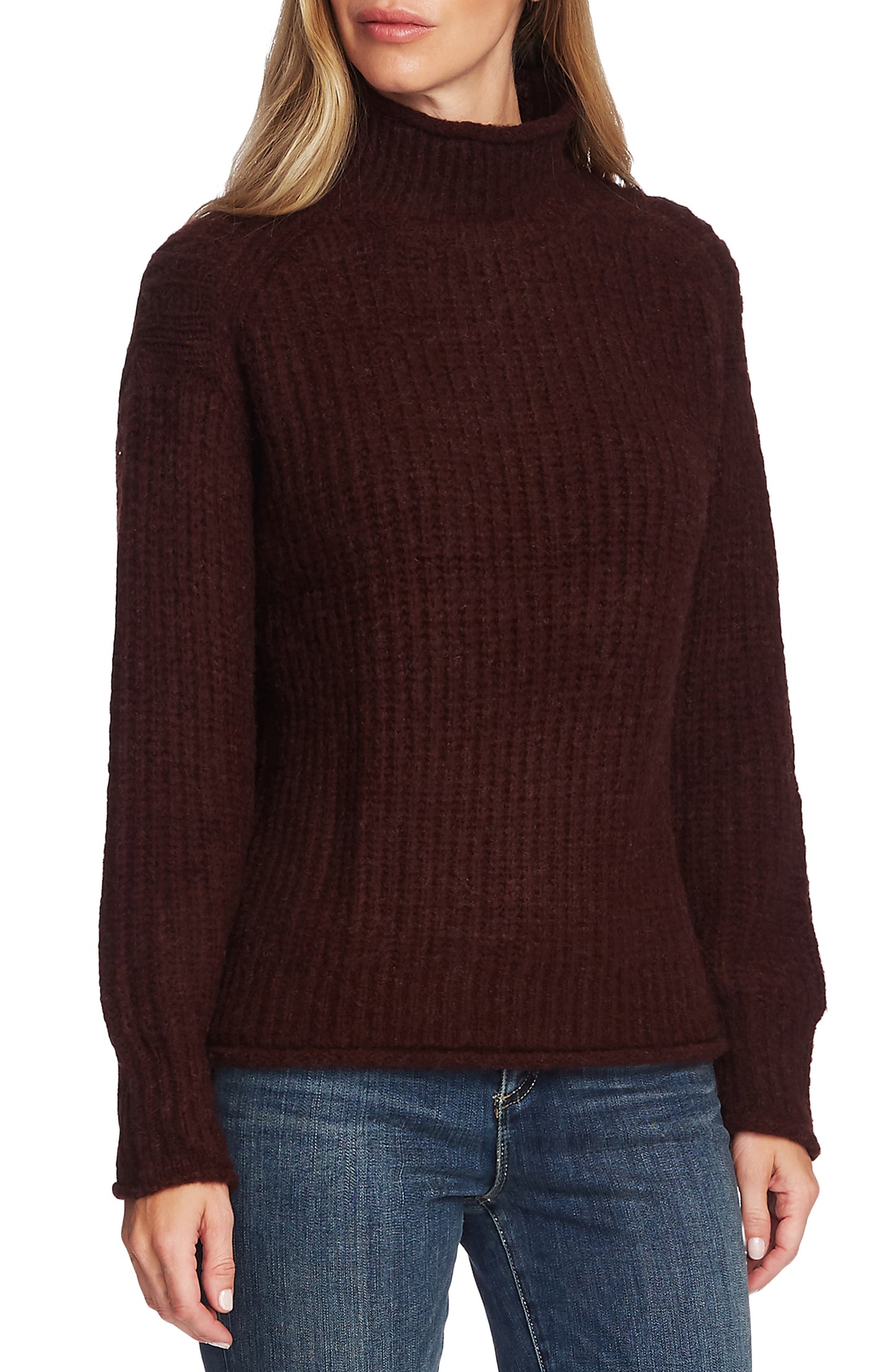 Suéter feminino Vince Camuto com gola falsa e textura de manga comprida (porta) vermelho tamanho G