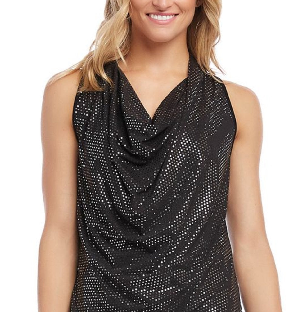 Karen Kane Blusa Feminina com Decote Drapeado e Lantejoulas, Preta, Tamanho Médio
