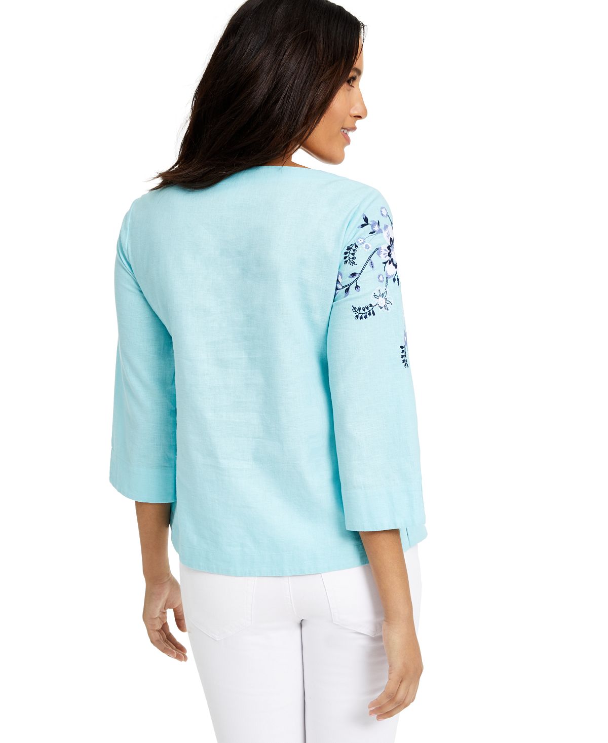 Charter Club Petite Blusa de Linho Bordado Floral Azul Tamanho Petite G
