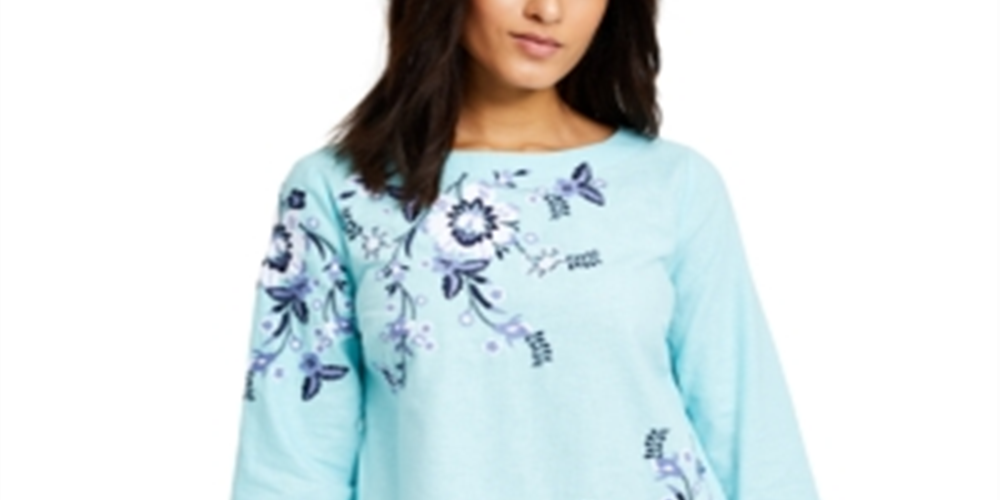 Charter Club Petite Blusa de Linho Bordado Floral Azul Tamanho Petite G