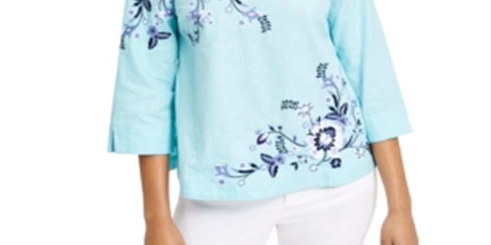 Charter Club Petite Blusa de Linho Bordado Floral Azul Tamanho Petite G