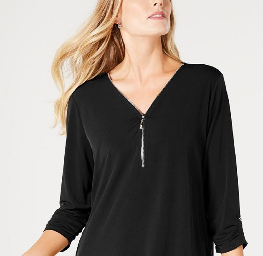 Top feminino com zíper e acabamento em zíper JM Collection, preto, tamanho pequeno