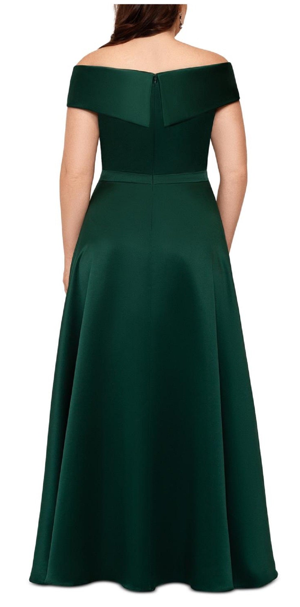 Vestido feminino Xscape de cetim com zíper e ombros de fora, comprimento total, corte formal, verde, tamanho 16W