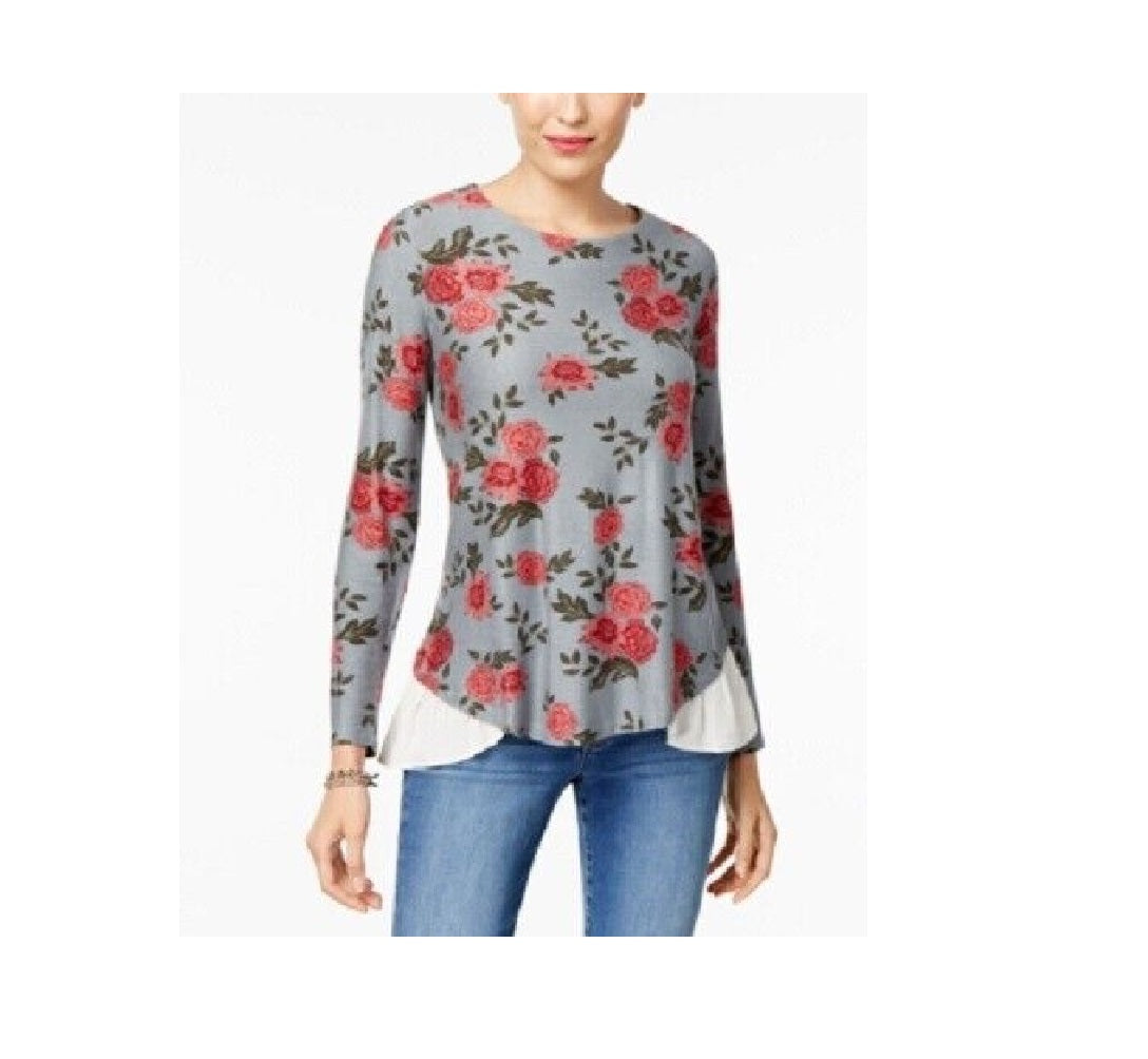 Blusa feminina com estampa floral e efeito em camadas, estilo &amp; co, flores de parede, cinza, tamanho pequeno