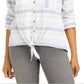 Camisa feminina de algodão listrada com amarração frontal, tamanho pequeno, branca, estilo &amp; co