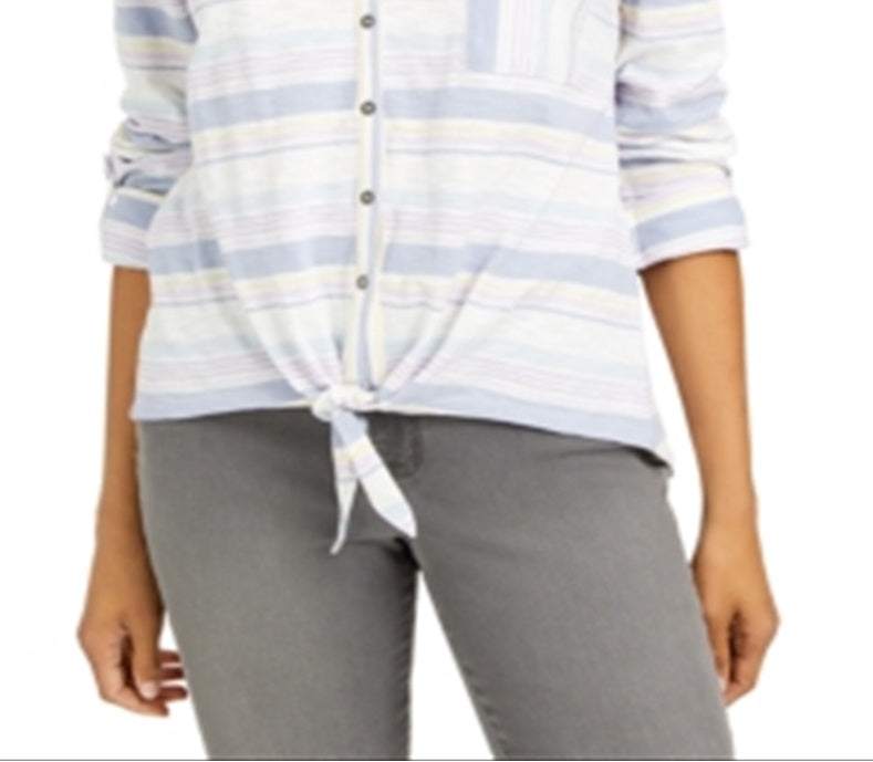 Camisa feminina de algodão listrada com amarração frontal, tamanho pequeno, branca, estilo &amp; co