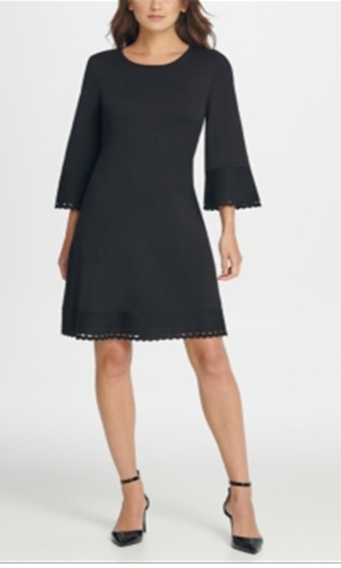 Vestido curto feminino DKNY com manga sino e decote em joia, preto, tamanho G