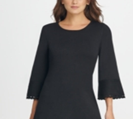 Vestido curto feminino DKNY com manga sino e decote em joia, preto, tamanho G