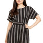Vestido feminino Alfani listrado, manga curta, gola redonda, comprimento até o joelho, preto, tamanho grande