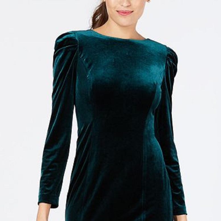 Vestido tubinho de veludo feminino Vince Camuto com mangas bufantes, verde, tamanho 12