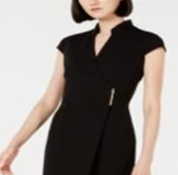 Vestido Calvin Klein Feminino Manga Curta Gola V Acima do Joelho Bainha para Usar no Trabalho Preto Tamanho 12 Petite