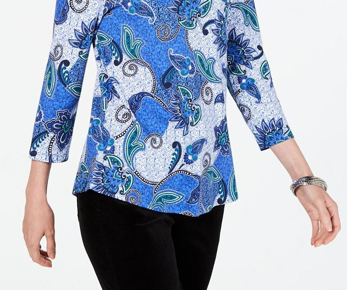 Blusa feminina Charter Club de algodão estampado com manga 3/4, azul, tamanho G