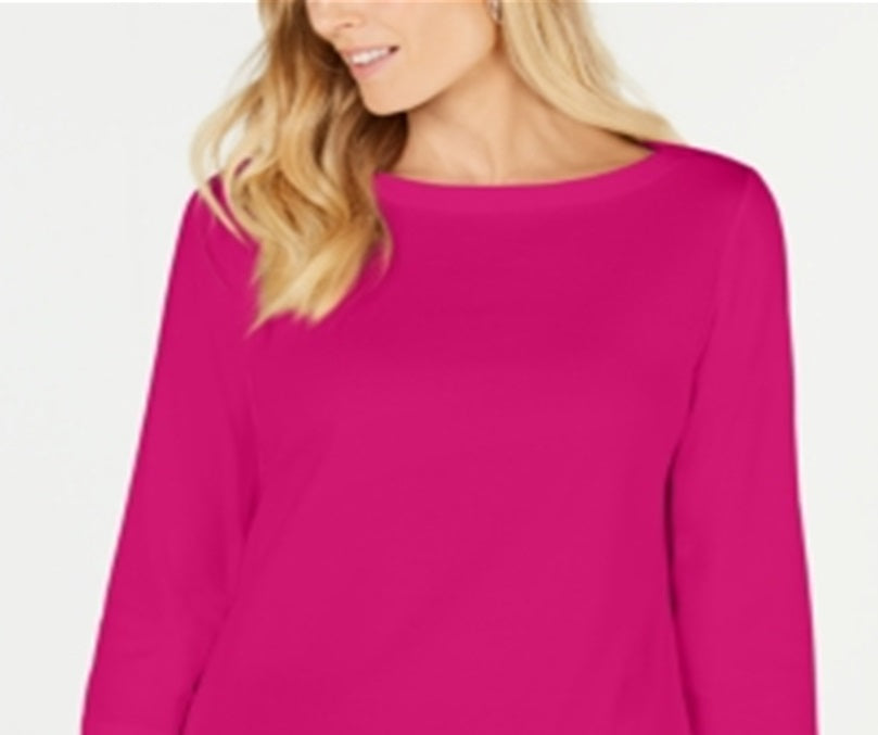Karen Scott Blusa de malha feminina de algodão com decote canoa e manga 3/4, roxa, tamanho GG