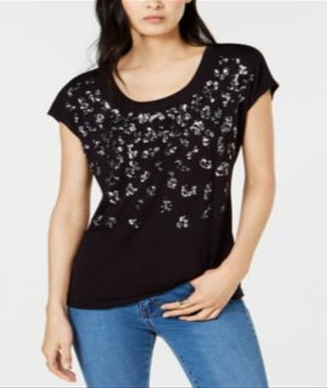 Camiseta feminina de manga curta com estampa animal da INC, preta, tamanho XS