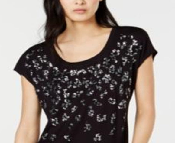 Camiseta feminina de manga curta com estampa animal da INC, preta, tamanho XS
