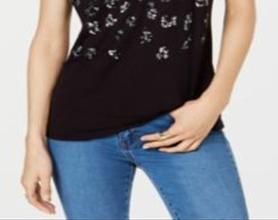 Camiseta feminina de manga curta com estampa animal da INC, preta, tamanho XS