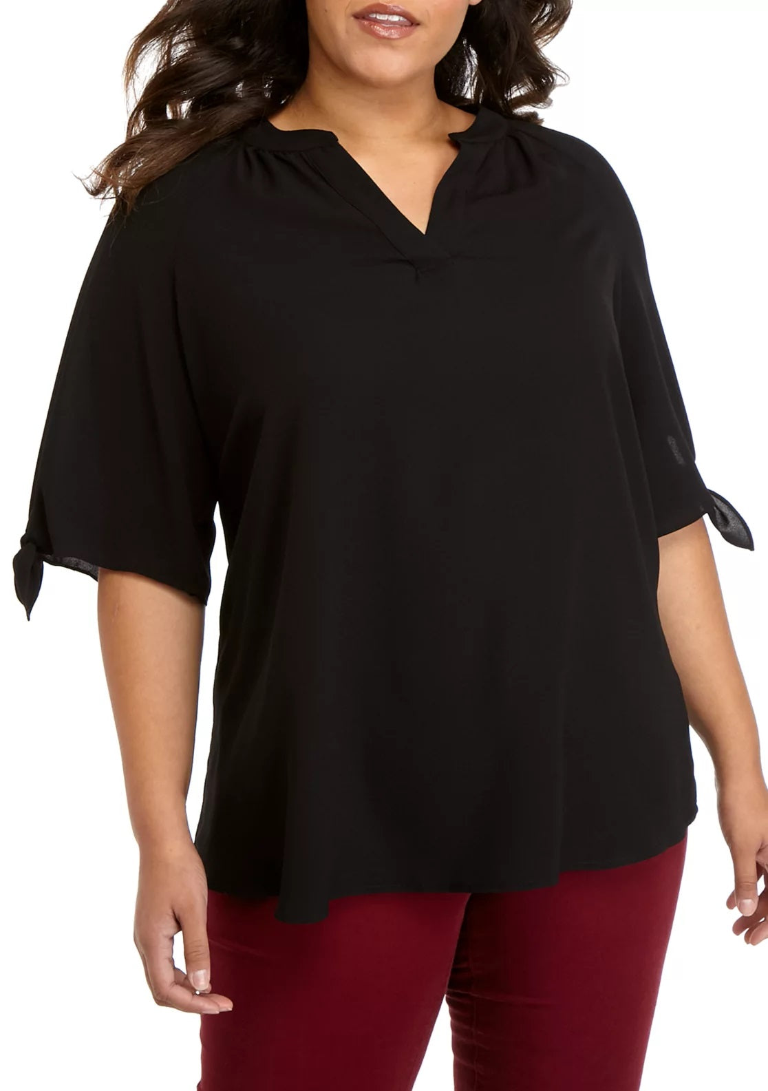 Blusa feminina plus size Michael Kors com manga amarrada, preta, tamanho 3X