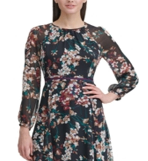 Vestido feminino Tommy Hilfiger de manga comprida com estampa floral em chiffon, preto, tamanho 8P
