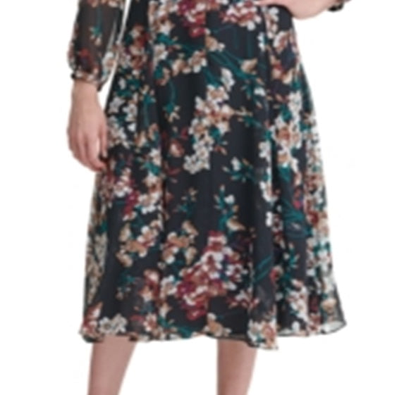 Vestido feminino Tommy Hilfiger de manga comprida com estampa floral em chiffon, preto, tamanho 8P
