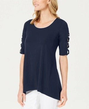 Túnica feminina JM Collection com manga trançada, azul, tamanho pequeno P