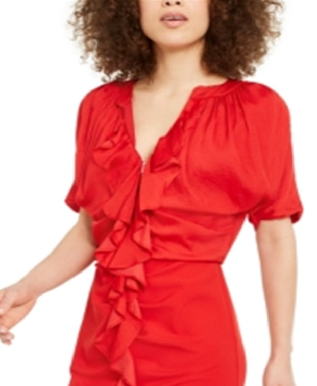 INC Vestido curto de festa feminino com babados e manga dolman, decote em V, vermelho, tamanho 2XL