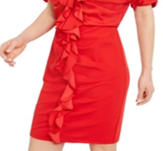 INC Vestido curto de festa feminino com babados e manga dolman, decote em V, vermelho, tamanho 2XL