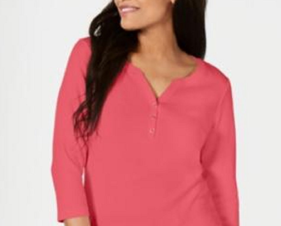 Karen Scott Top Henley de Algodão Feminino Laranja Tamanho X-S