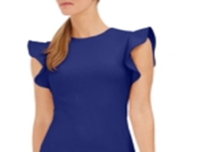 Vestido curto formal feminino Calvin Klein com manga esvoaçante e gola redonda, azul, tamanho 8