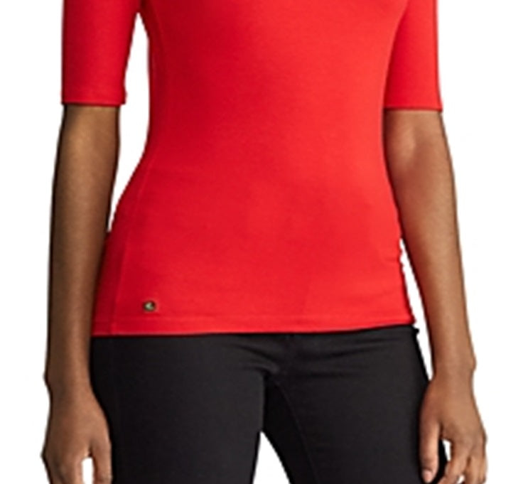 Ralph Lauren Feminino Willa Jersey Manga Cotovelo Gola Alta Blusa Vermelha Tamanho Médio