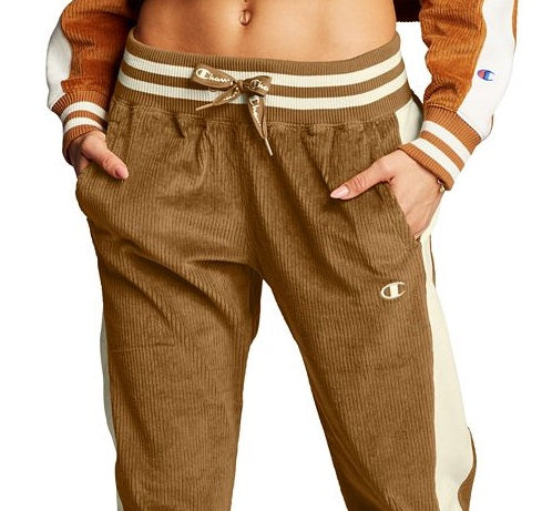 Calça jogger feminina Champion com logo de veludo cotelê marrom, tamanho pequeno
