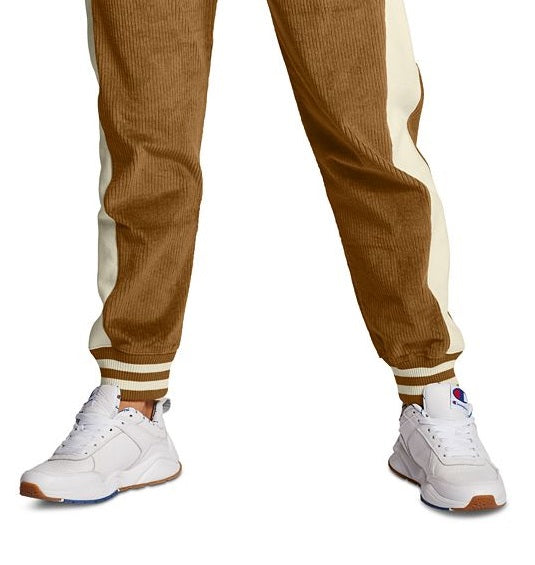 Calça jogger feminina Champion com logo de veludo cotelê marrom, tamanho pequeno