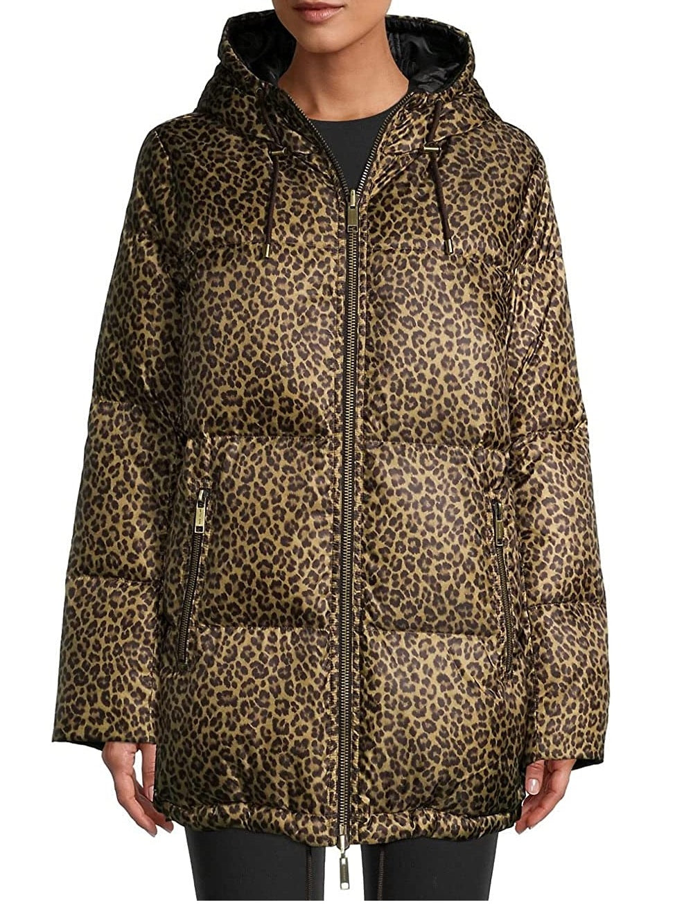 Casaco acolchoado com capuz e estampa de leopardo Michael Kors feminino, marrom, tamanho M