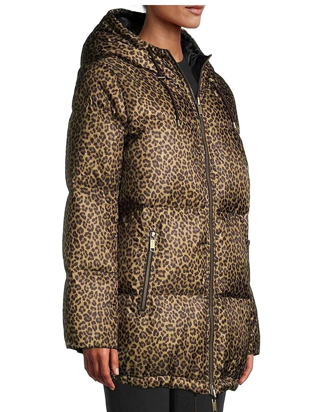 Casaco acolchoado com capuz e estampa de leopardo Michael Kors feminino, marrom, tamanho M